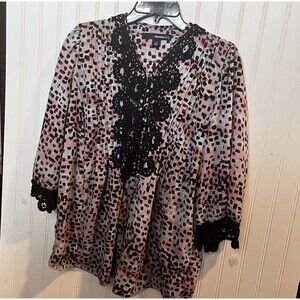 DENIM 24/7 Button Up Blouse Lace Trim 3/4 Sleeves Pleated Front  14W